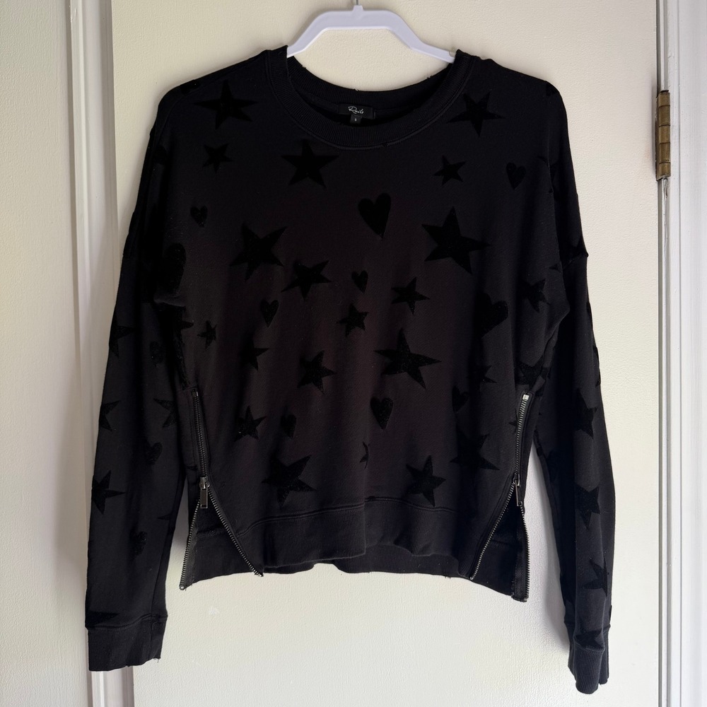 Rails Black Star Heart Flocked Side Zip Sweatshirt Womens Small Crew Neck
